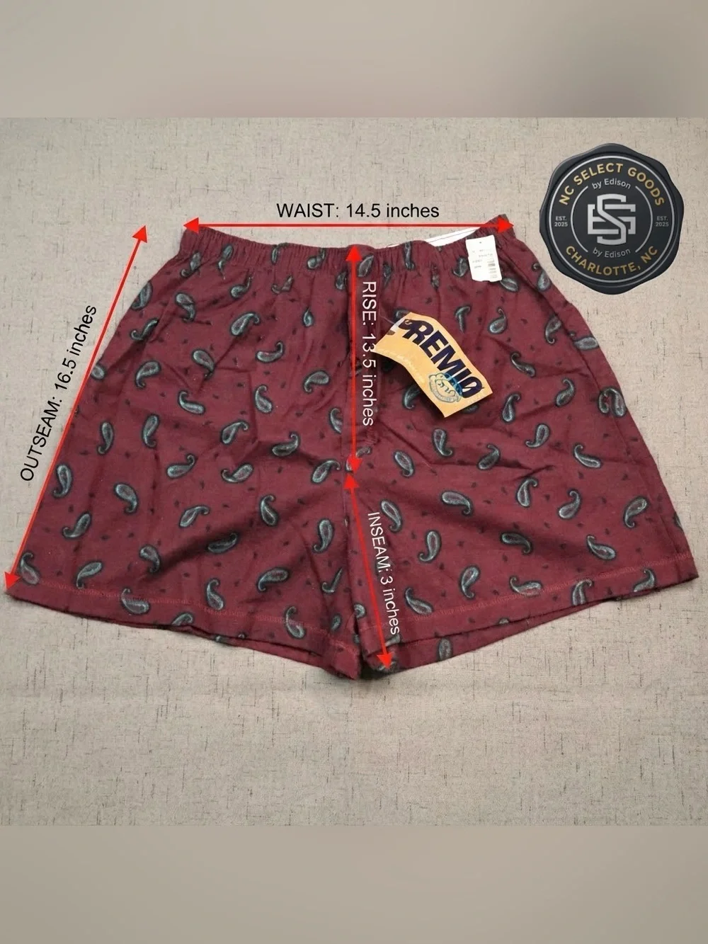 VINTAGE 90s PREMIO Men's Boxer Shorts Paisley Burgundy Red 100% Cotton Sz L